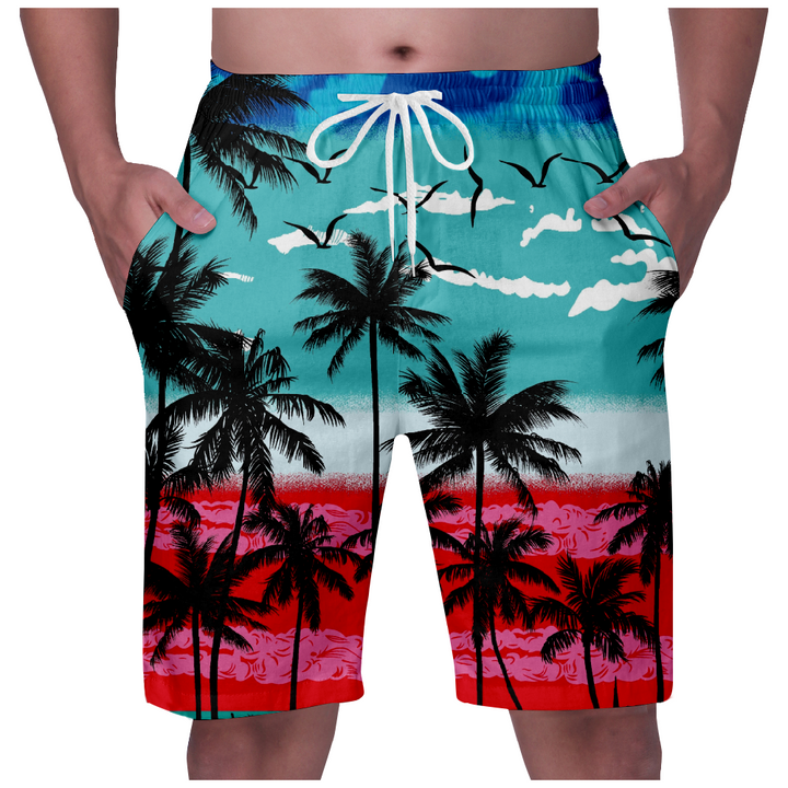 aminibi- Men's Coconut Palm SkyBlue Beach Shorts