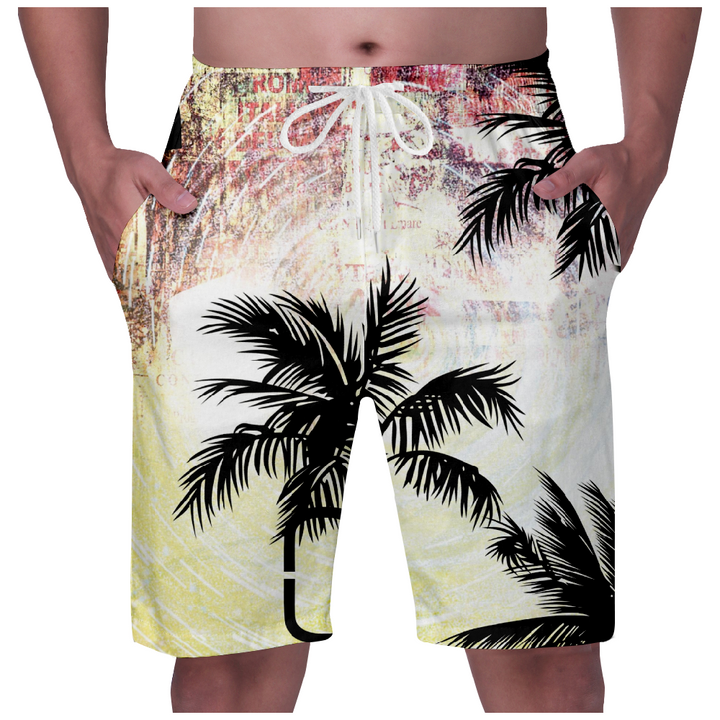 aminibi- Men's Palm Tree Print Beach Shorts