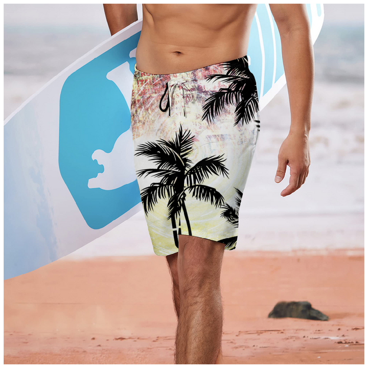 aminibi- Men's Palm Tree Print Beach Shorts