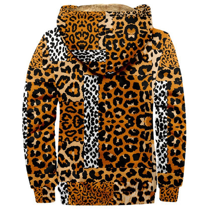 Leopard Patterned Hooded Zippered Coat