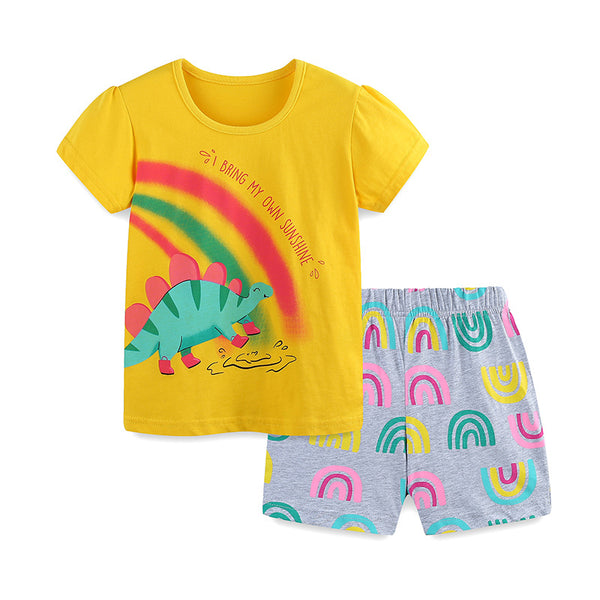 Girls Jurassic Stegosaurus Dinosaur T-shirt and Rainbow Shorts