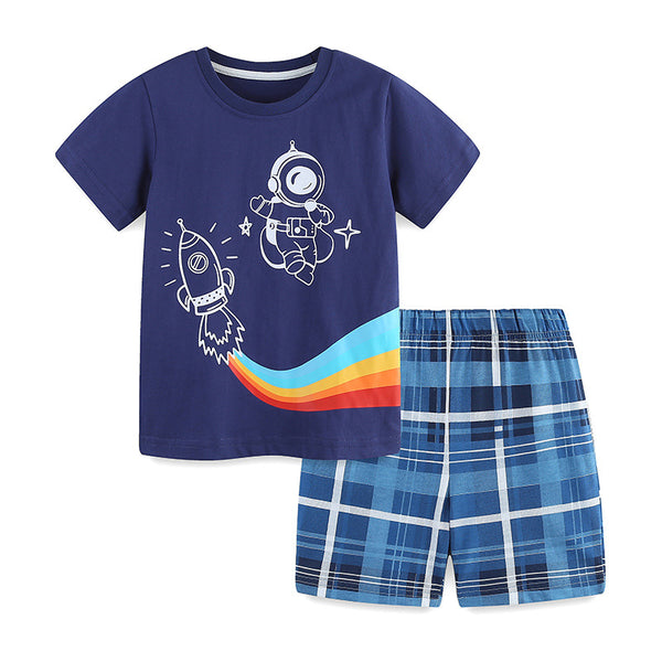 aminibi- Toddler Boys Summer Astronaut Rocket Print Short Suit