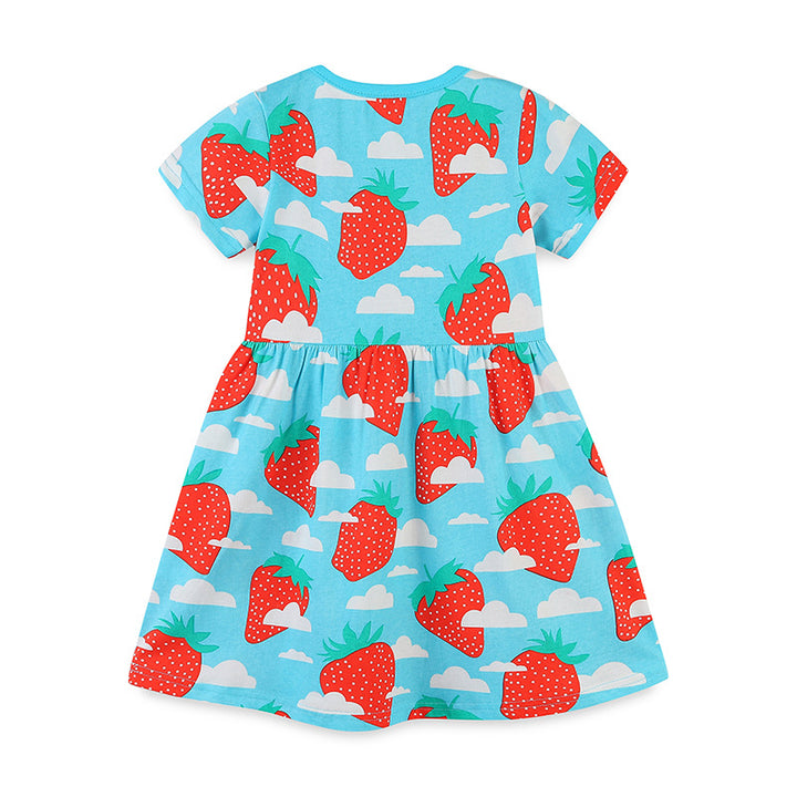 aminibi- Toddler Girl Summer Dress Strawberry Clouds  Print Dress