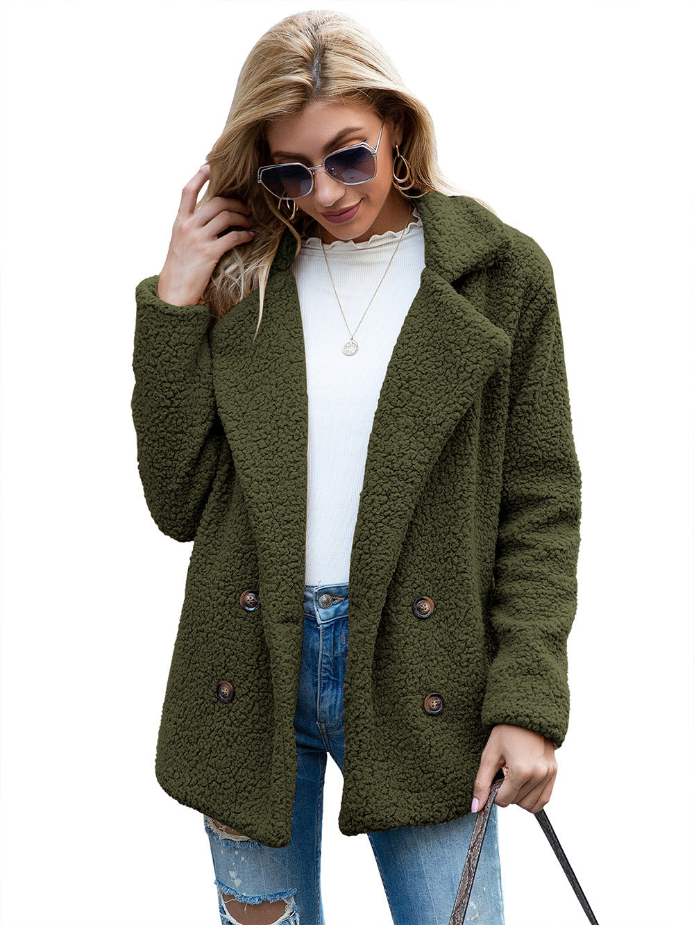 aminibi- Women Solid Color Fleece lapel loose cardigan jacket