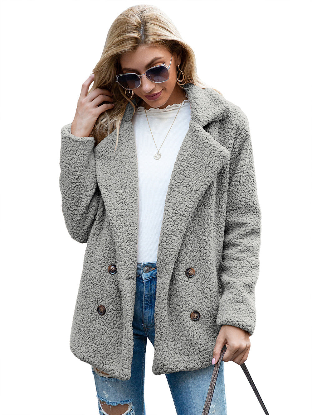 aminibi- Women Solid Color Fleece lapel loose cardigan jacket