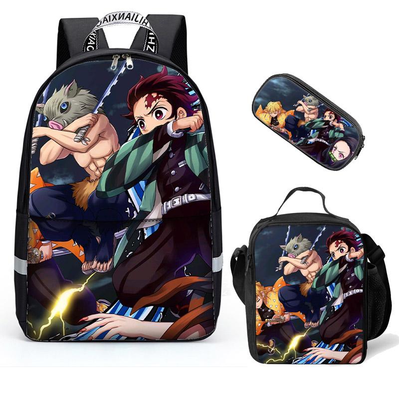 aminibi- Demon Slayer Casual Stylish Backpacks for Kids Boy Girls Lightweight Bookbags Three-piece Set