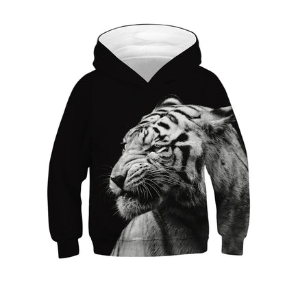 aminibi- Unisex Realistic 3D White Tiger Print Pullover Hoodie Kids Hooded Sweatshirt