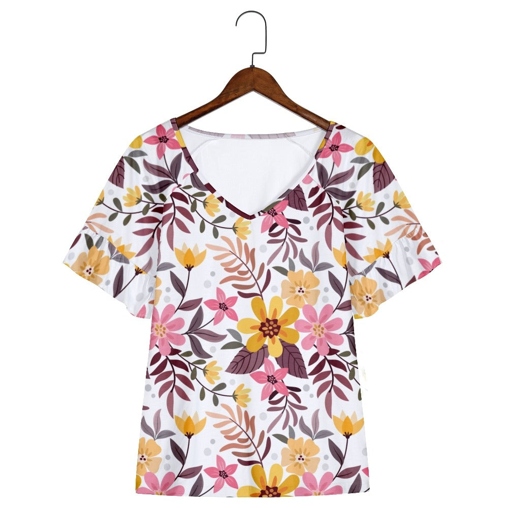 aminibi- Flowers V Neck　T-shirt