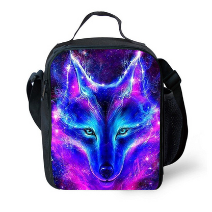aminibi- Galaxy Blue Wolf Backpack Lunch Bag Pencil Case