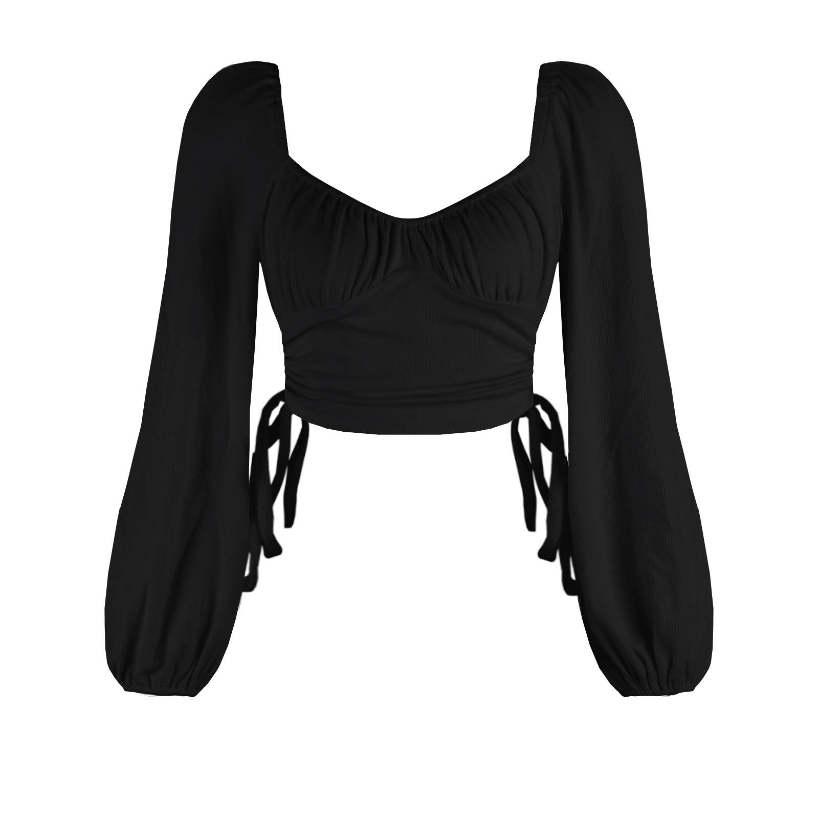 aminibi- Autumn Fashion Women's Wear Solid Color Sexy Square Neck Open Back Drawstring Top Lantern Sleeve Rib T-shirt