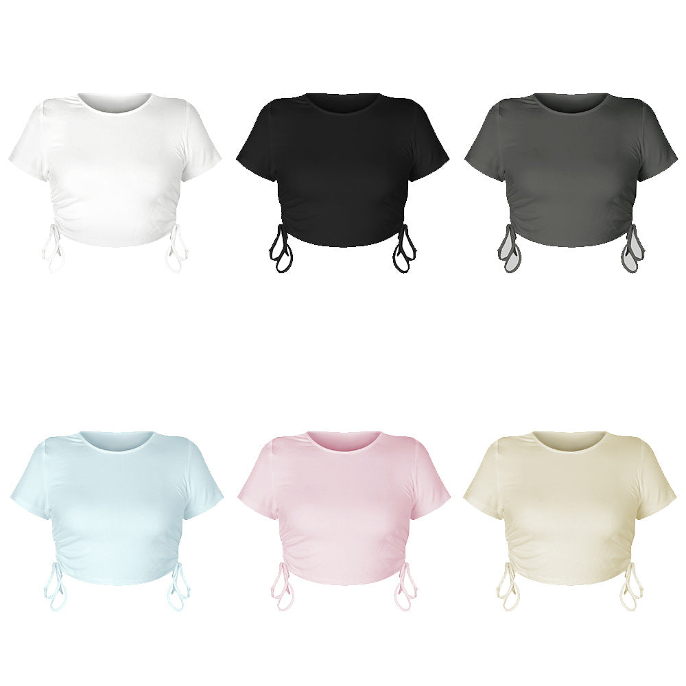 aminibi- Women's  Small Striped  Solid Color Navel Drawstring Short Sleeve T-Shirt