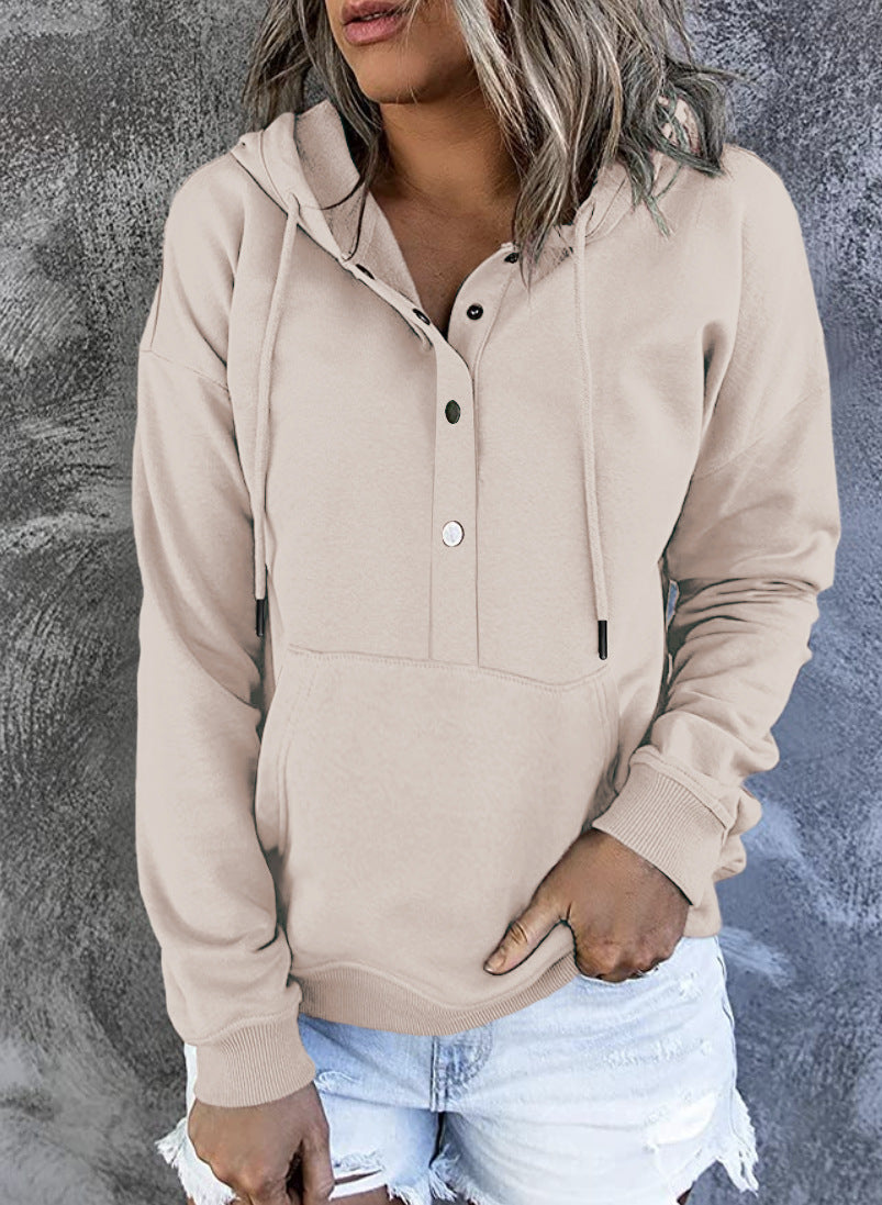aminibi- Women's Solid color casual buttoned long-sleeved Hoodie