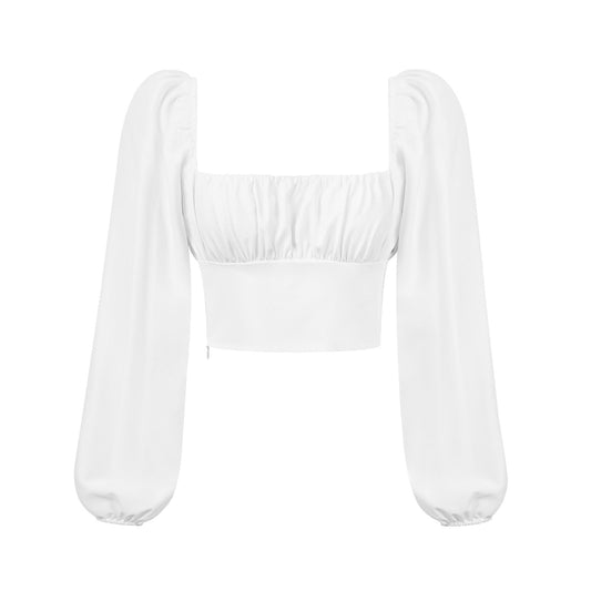 aminibi- Women's Short Sleeve Square Neck Pleated Cropped Top