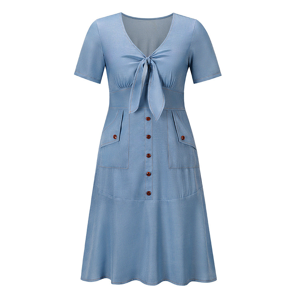 aminibi- Tie-Front Decorative Button imitation denim print Dress