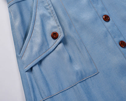 aminibi- Tie-Front Decorative Button imitation denim print Dress