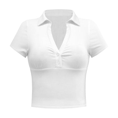 aminibi- Womens Crop Polo Shirts Collared Ribbed Sexy V Neck Workout Short Sleeve Slim Fit Tops