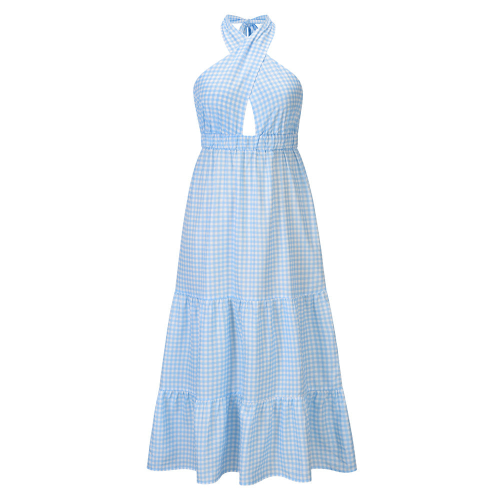 aminibi- Summer Open Back Waist Slim Dress Temperament Checkerboard Plaid Dress