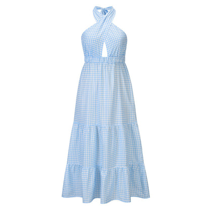 aminibi- Summer Open Back Waist Slim Dress Temperament Checkerboard Plaid Dress
