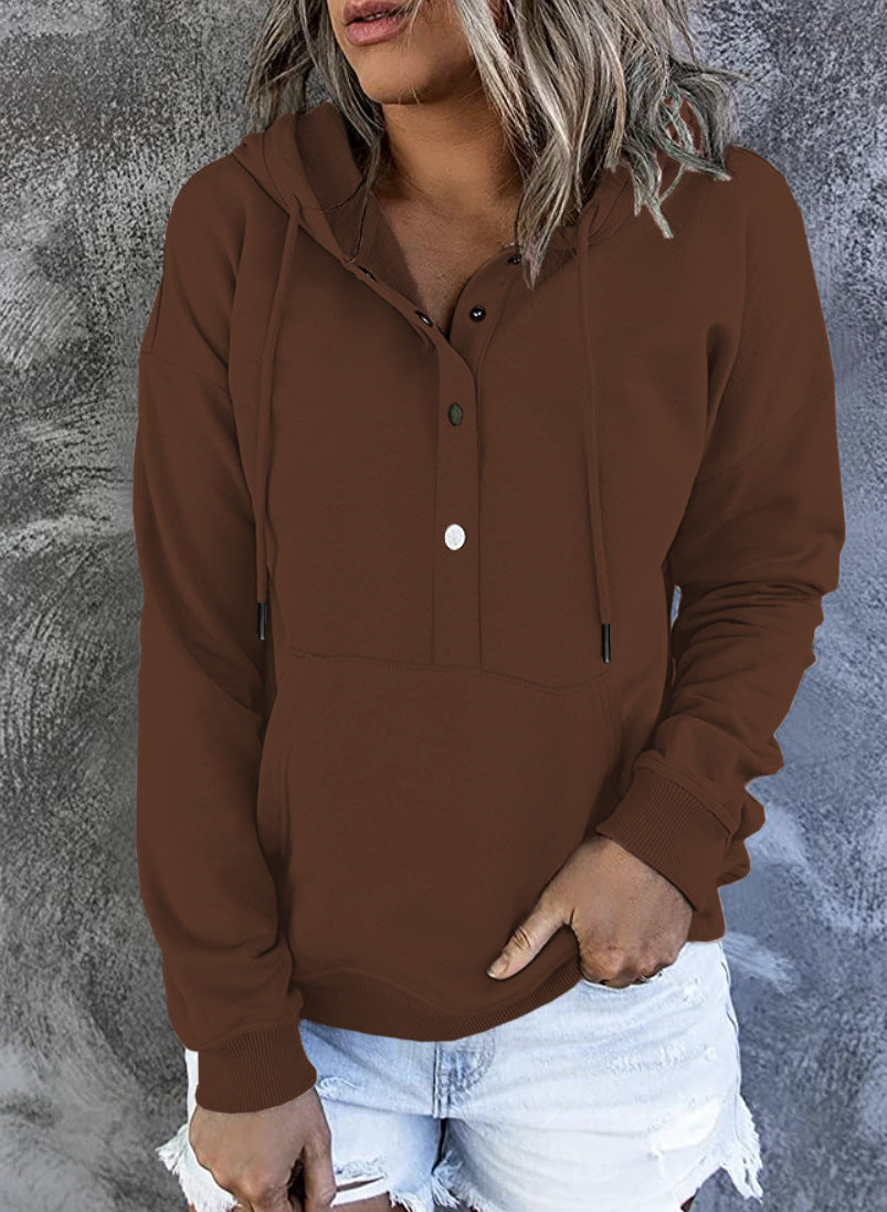aminibi- Women's Solid color casual buttoned long-sleeved Hoodie