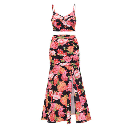 aminibi- Young Women｜Printed Cropped Cami and Ruched Slit Skirt Set