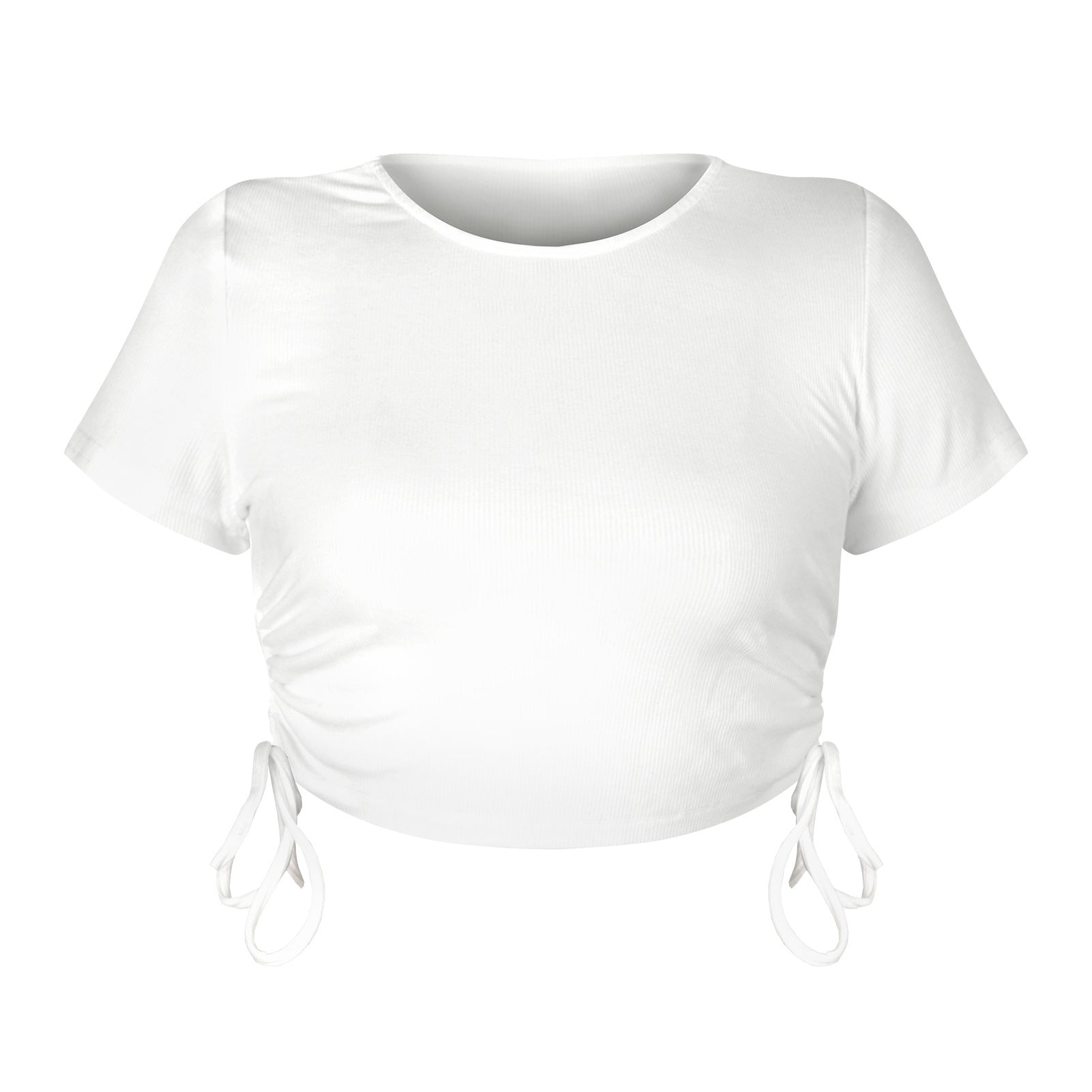 aminibi- Women's  Small Striped  Solid Color Navel Drawstring Short Sleeve T-Shirt