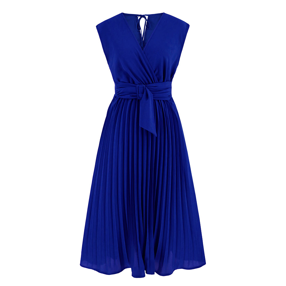 aminibi- Summer Sleeveless V Neck Tie Dress Fashion Slim Pleated Maxi Dress