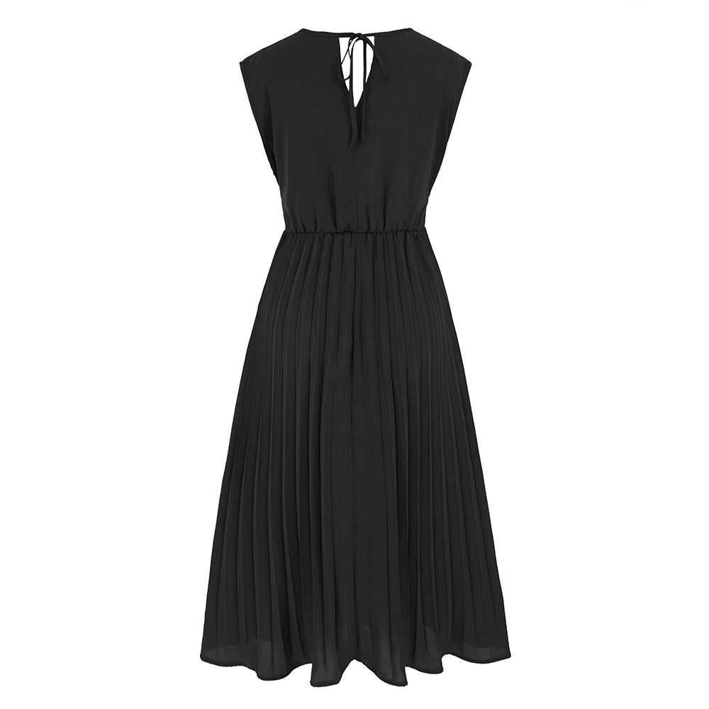 aminibi- Summer Sleeveless V Neck Tie Dress Fashion Slim Pleated Maxi Dress