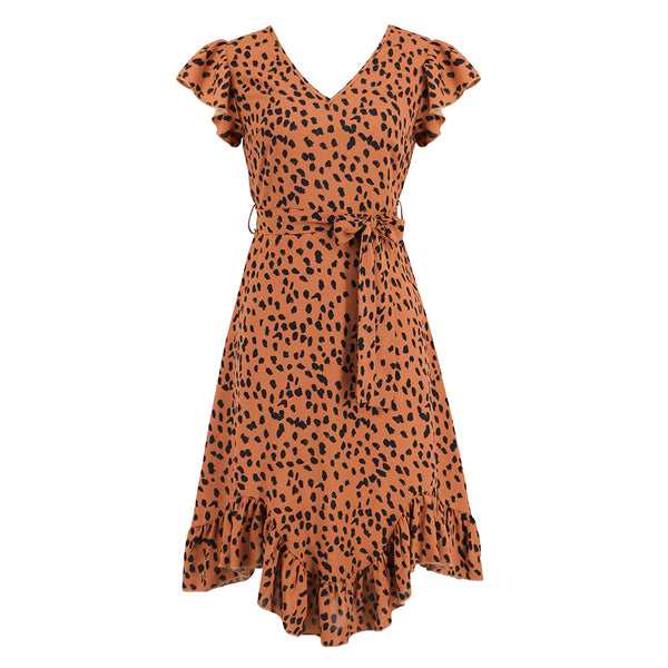 aminibi- Women's Leopard V Neck Irregular Hem Ruffle Dress