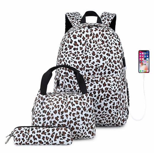 aminibi- Stylish Leopard Printing Canvas Bookbag Set Girls 3 in 1 Backpack Set with USB Charging Port