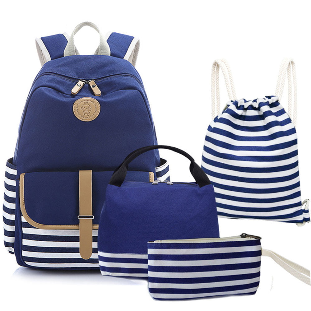 aminibi- Cute Teen USB Backpack Set Striped Lightweight Bookbag with Lunch Bag 4 pcs