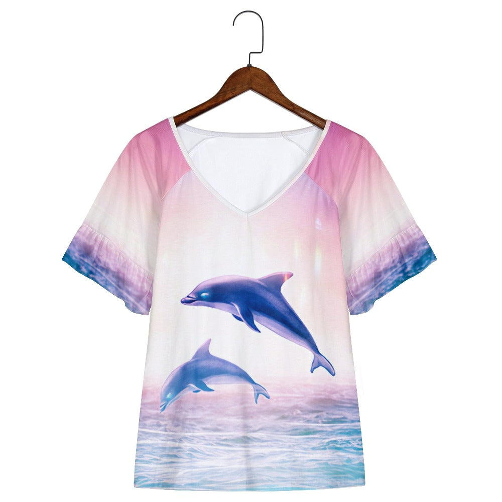 aminibi- Ｗomen Dolphin　V Neck　T-shirt