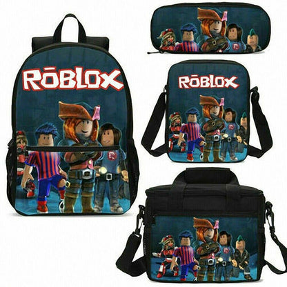aminibi- 4PCS Set ROBLOX Red Kids Backpack Student Schoolbag Insulated Lunch Bag Pencil Bag