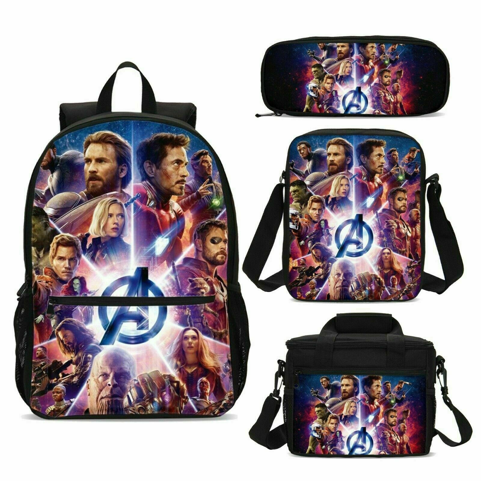 aminibi- Avengers Endgame School Backpack 4PCS Shoulder Bag Lunch Bag Pen Bag