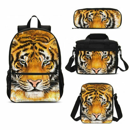 aminibi- Casual Tiger Large Backpack Insulated Lunch Bags Pencil Case Boys Girls Schoolbag 4PCS