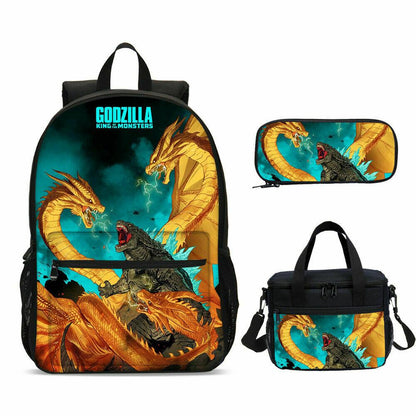 aminibi- Unisex Godzilla VS King Ghidorah Student Schoolbag Backpack-Kids Lunch Bag Pencil Bag 4PCS